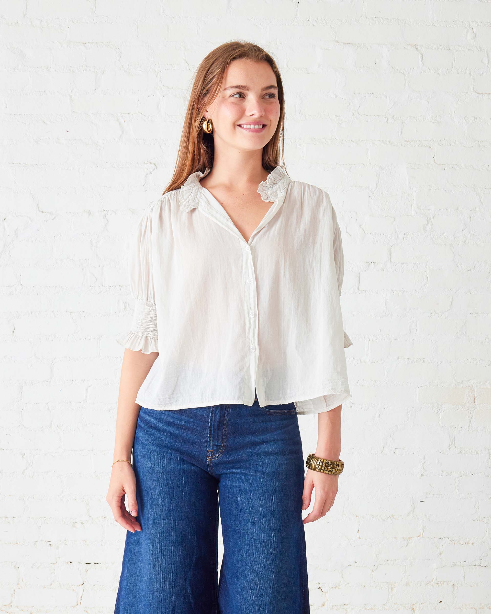 Women's Cream Collared Ruffle Blouse