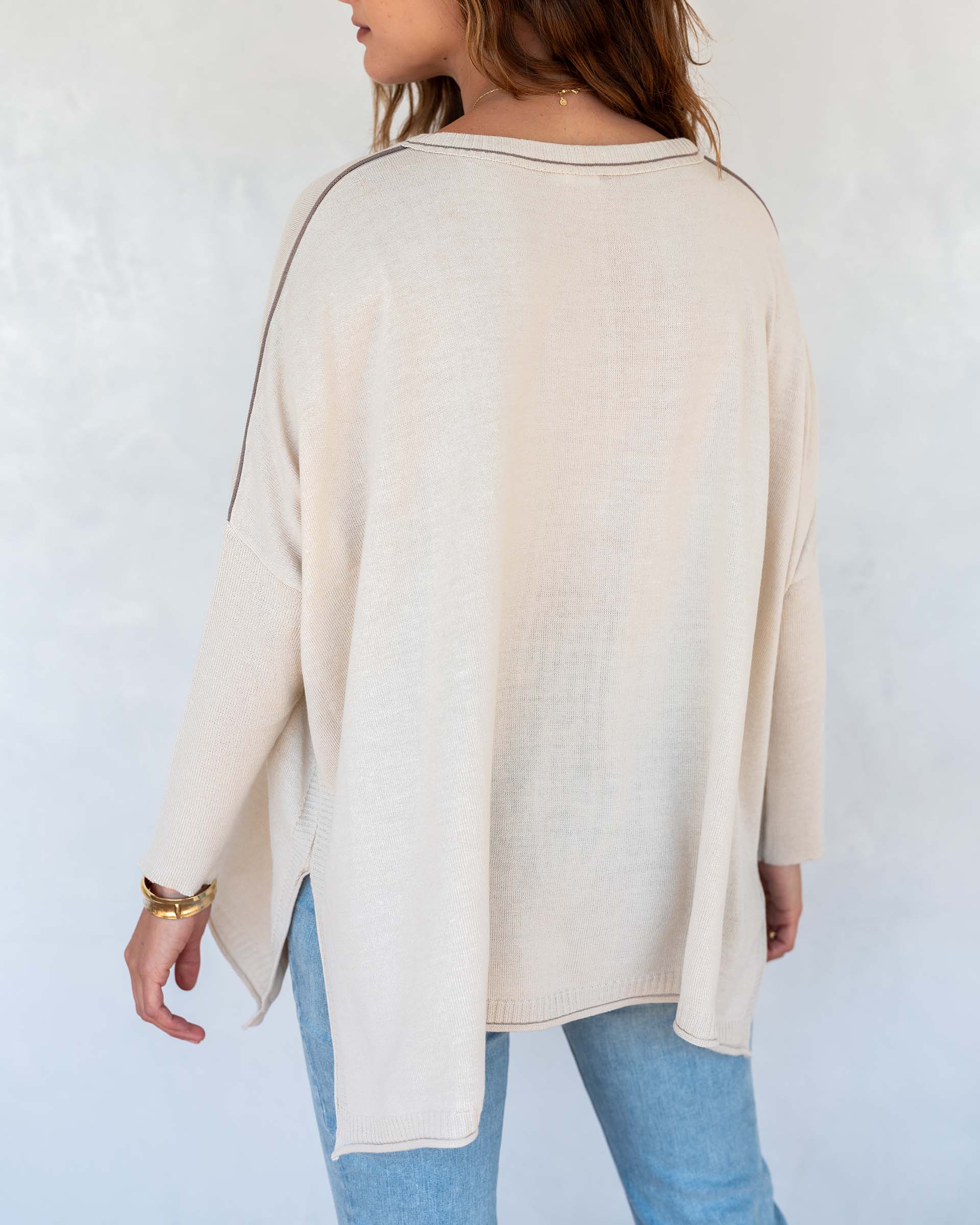 Women's Cream Crewneck Sweater with Brown Contrast Oversized Rear View