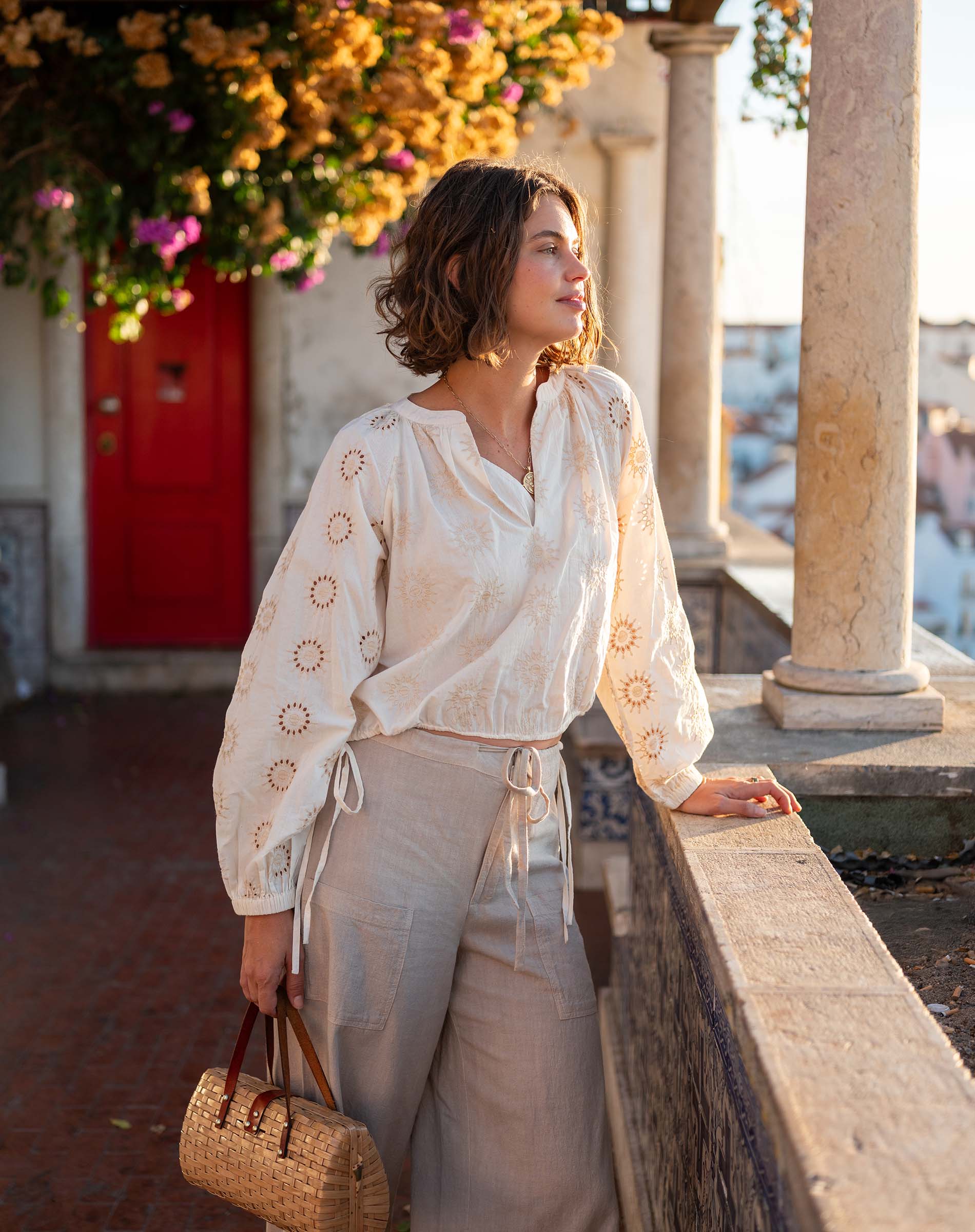 Women's Tan Long Sleeve Eyelet Top Spring Style