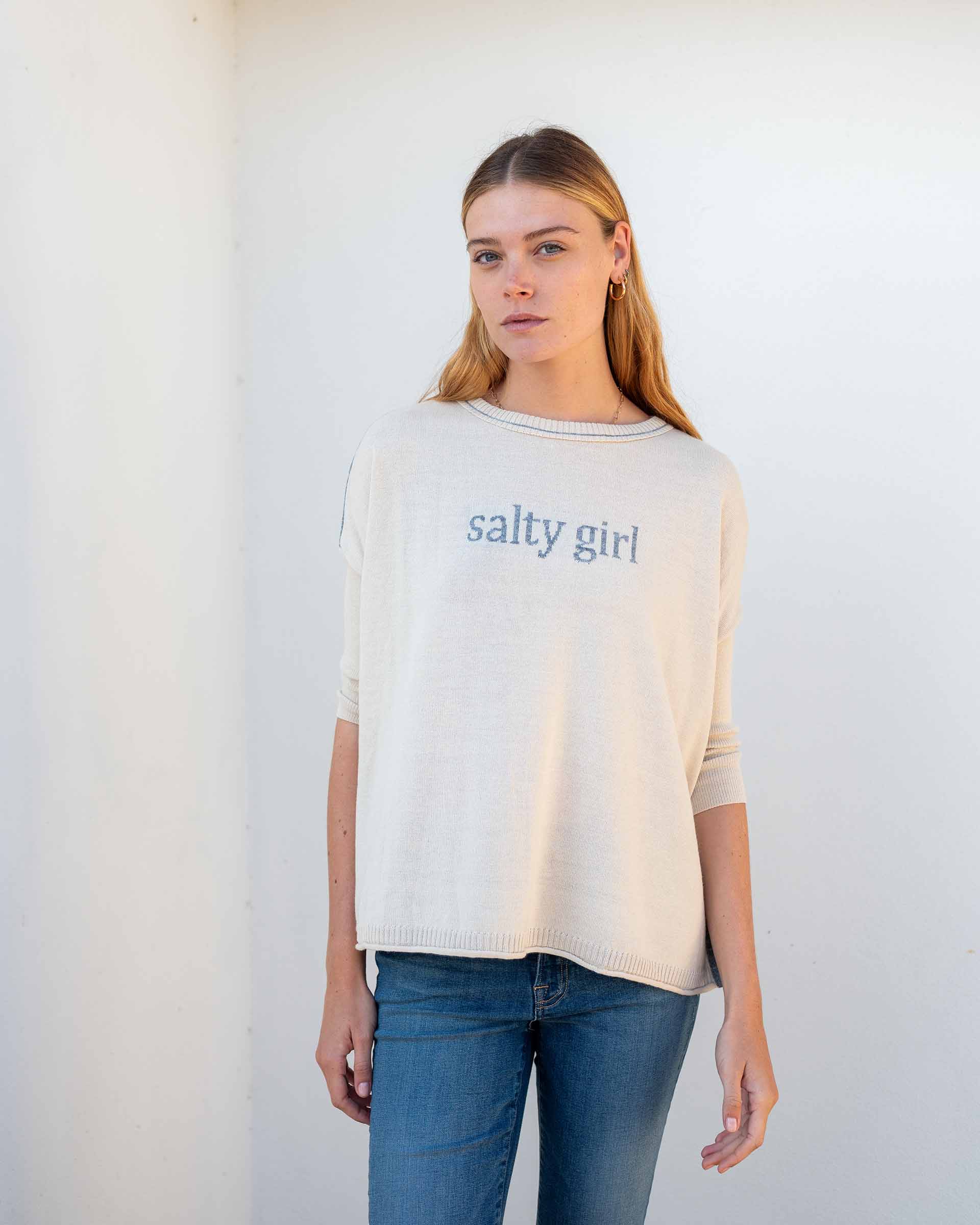 Women's Tan Oversized Sweater with Salty Girl Motto