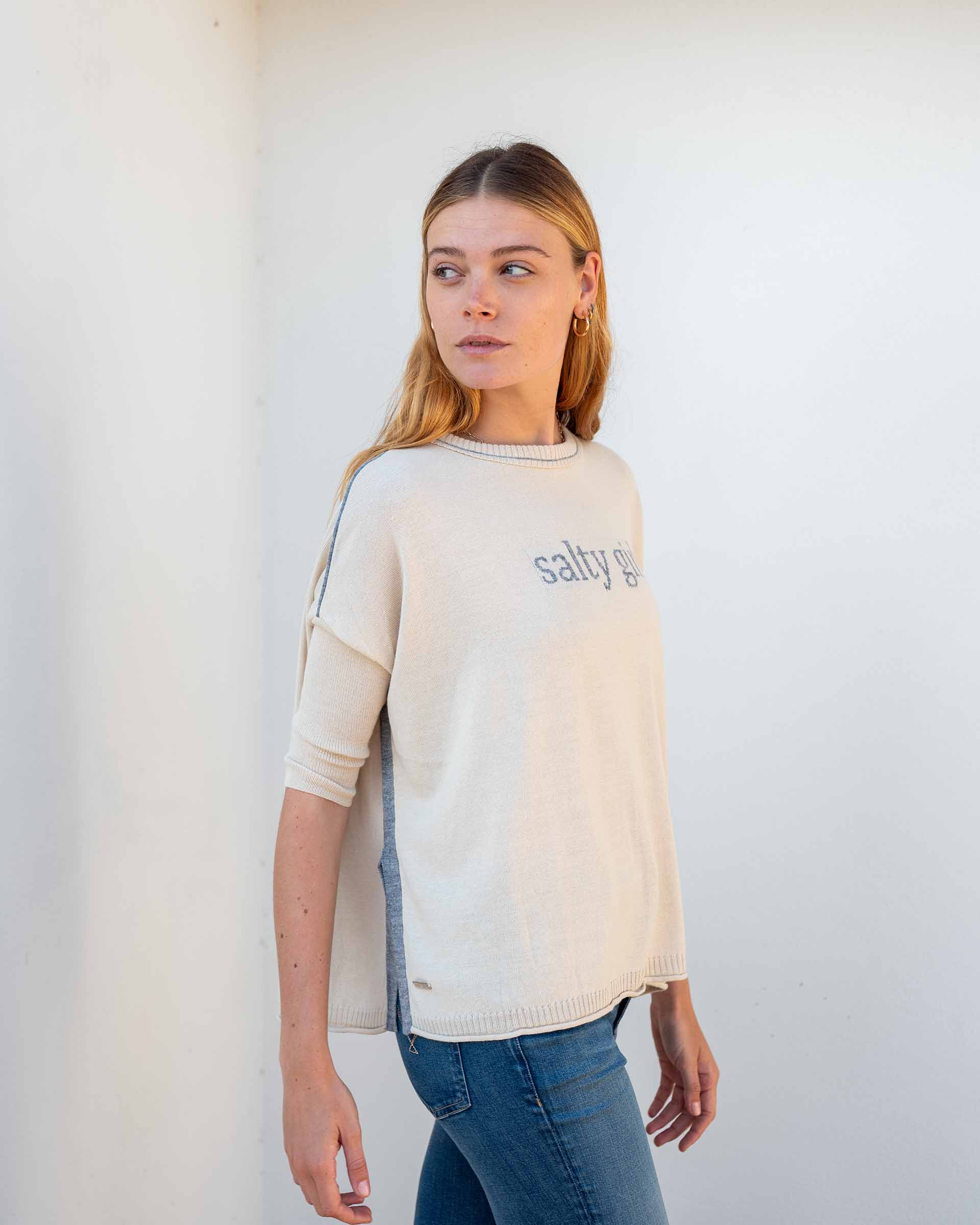 Women's Tan Oversized Sweater with Salty Girl Motto