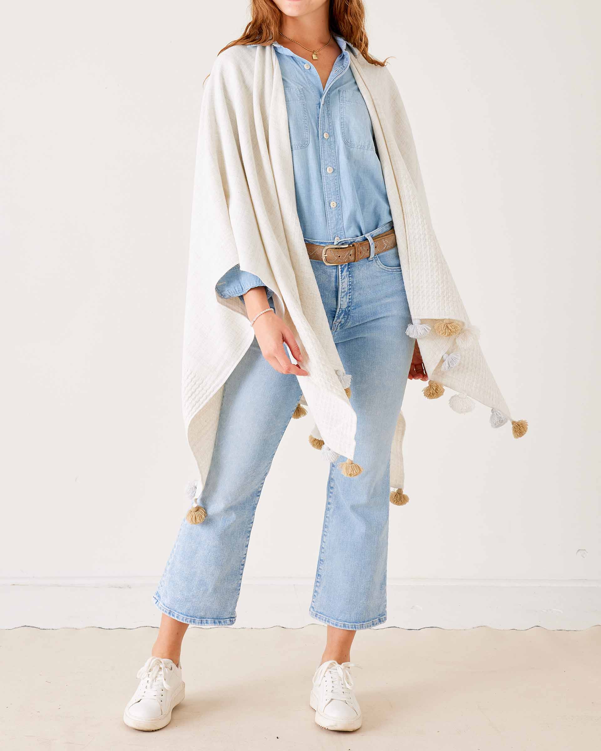 Women's Off White Travel Wrap with Tassels Perfect for Layering