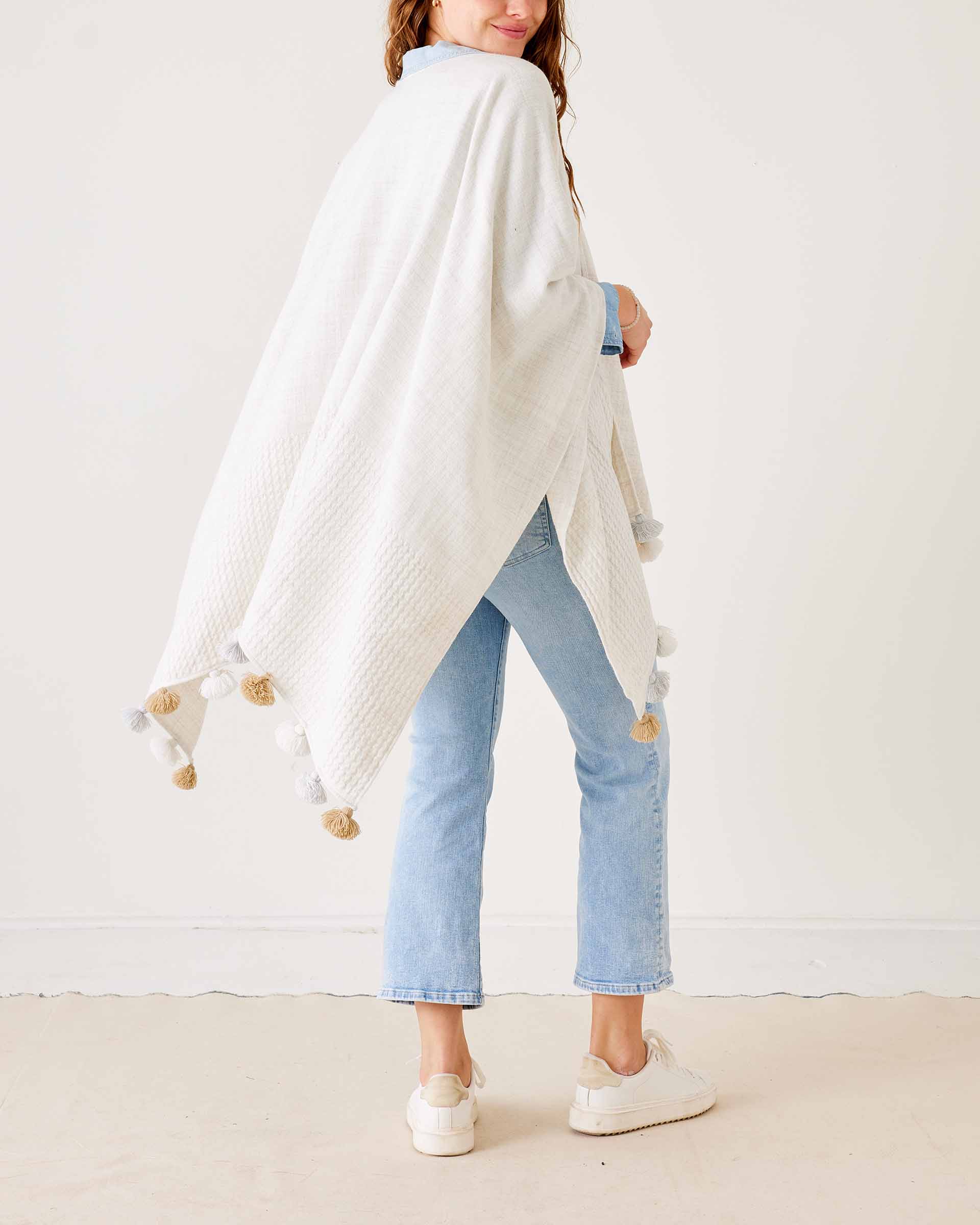 Women's Off White Travel Wrap with Tassels Perfect for Layering