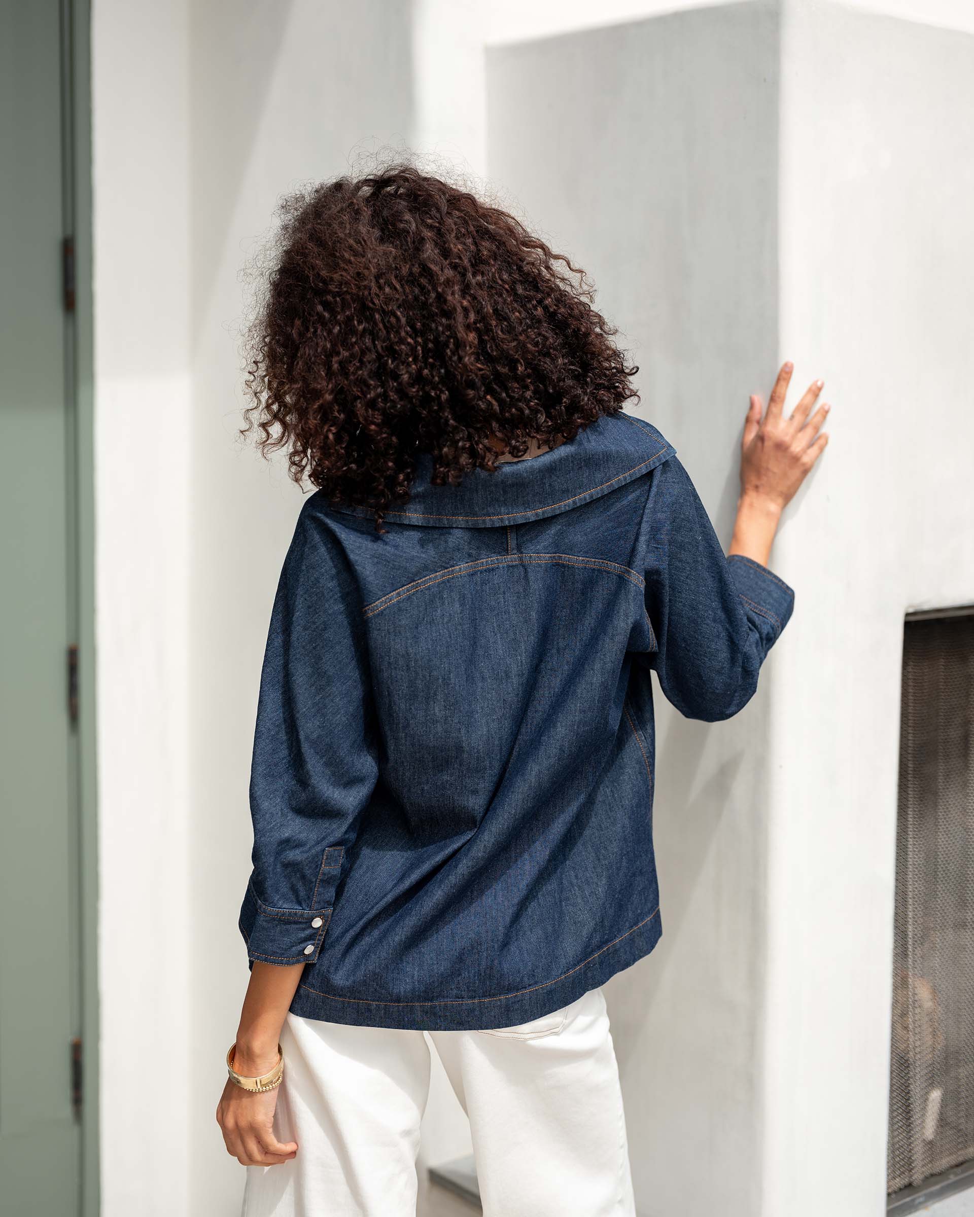 Women's Dark Wash Quarter Sleeve Chambray Top