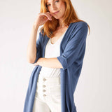 Womens Dark Blue Lightweight Cuffed Elbow Length Sleeves Duster Close Up Front View