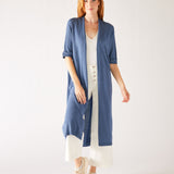 Womens Dark Blue Lightweight Cuffed Elbow Length Sleeves Duster Full Body Front View