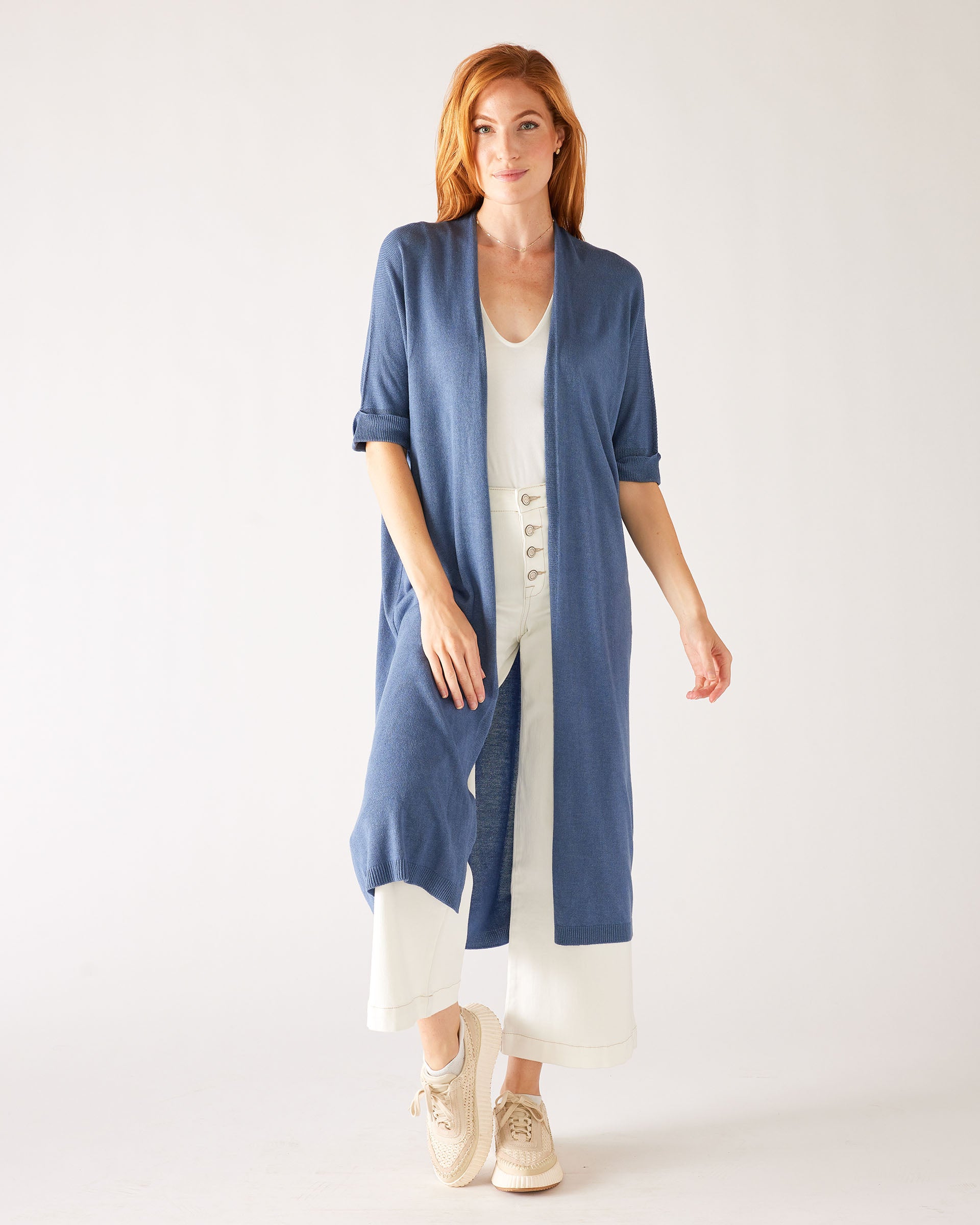 Womens Dark Blue Lightweight Cuffed Elbow Length Sleeves Duster Full Body Front View