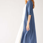 Womens Dark Blue Lightweight Cuffed Elbow Length Sleeves Duster Side View Stepping