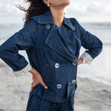 Women's Dark Wash Chambray Peacoat With Striped Lining