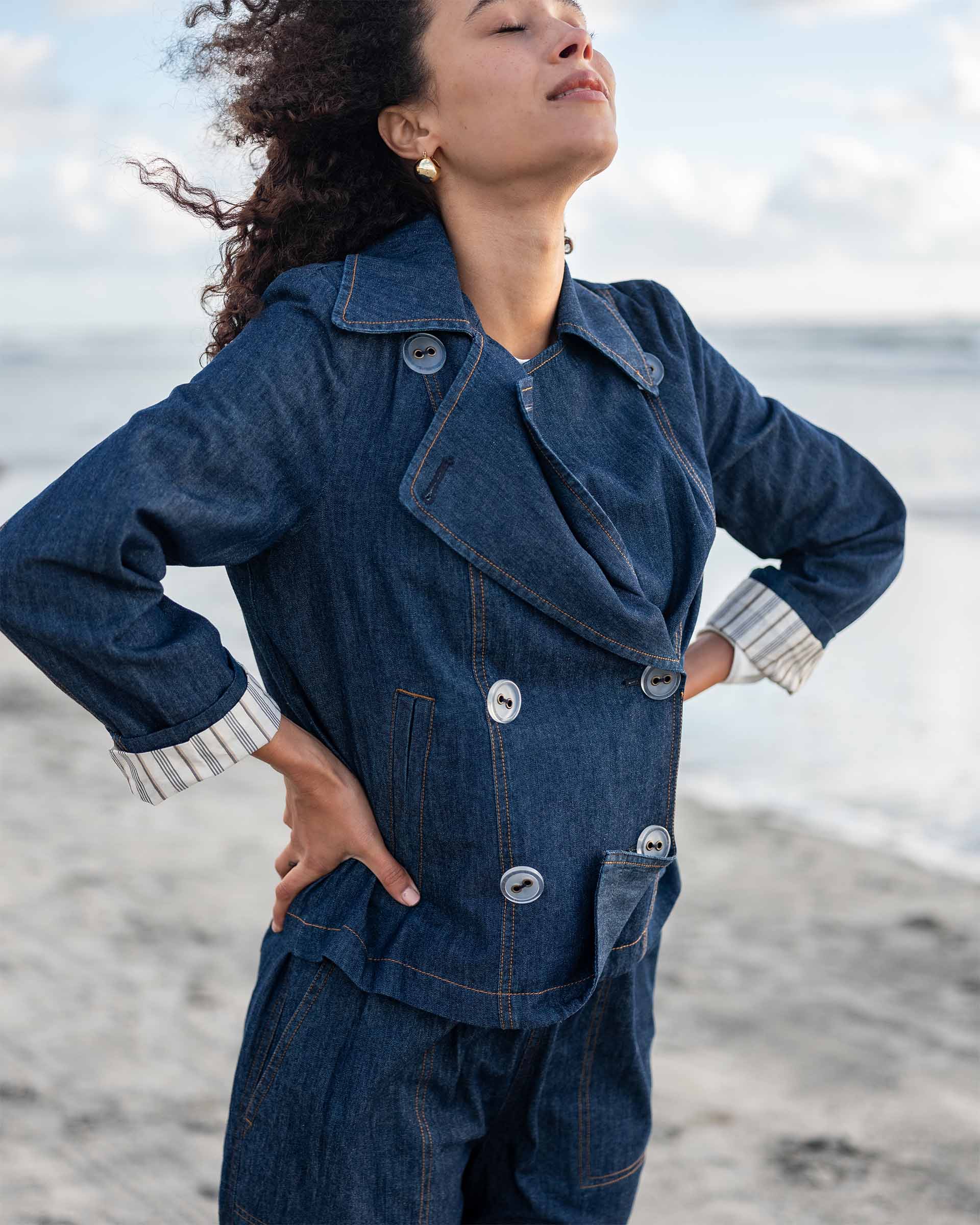 Women's Dark Wash Chambray Peacoat With Striped Lining