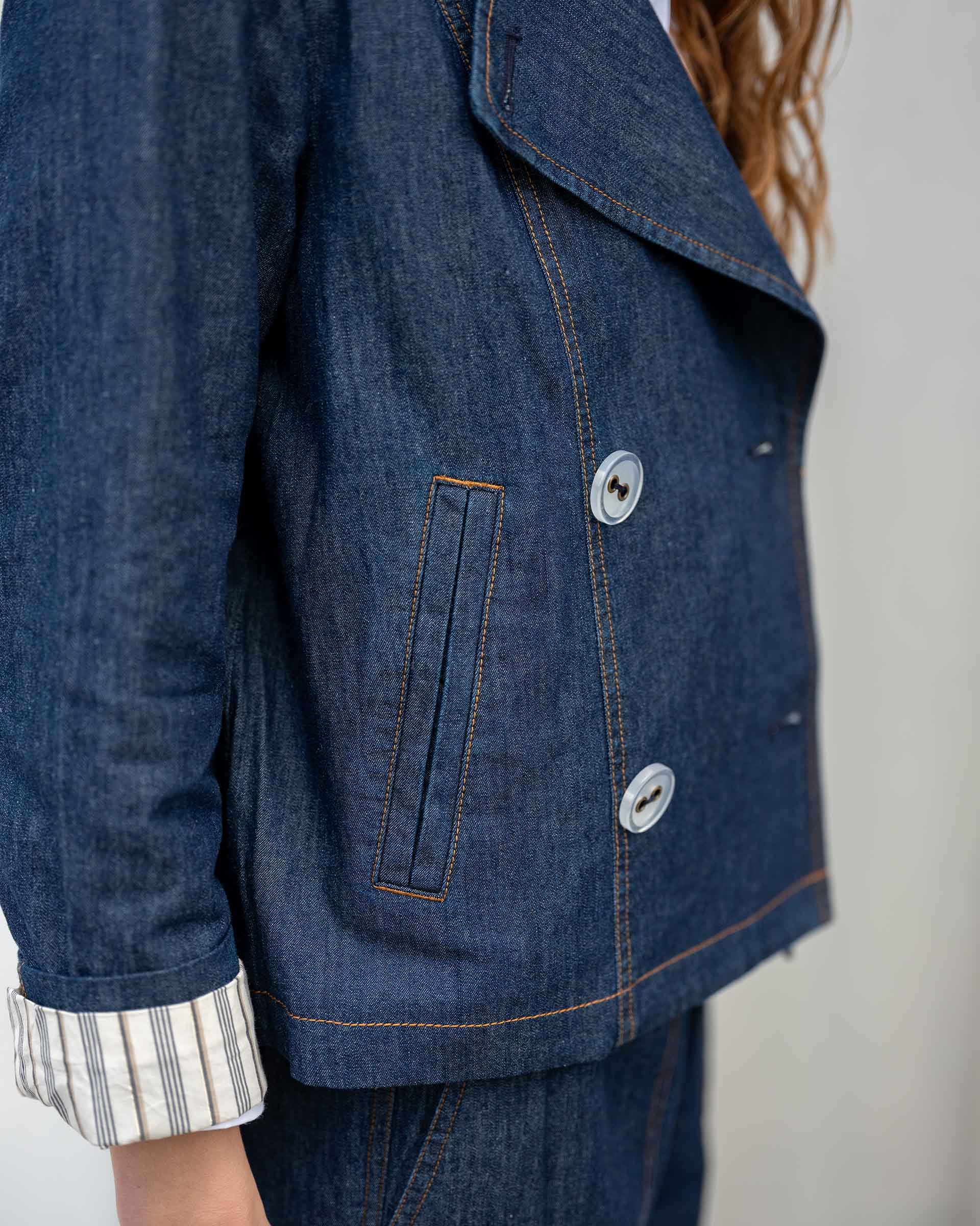 Women's Dark Wash Chambray Peacoat With Striped Lining