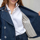 Women's Dark Wash Chambray Peacoat With Striped Lining