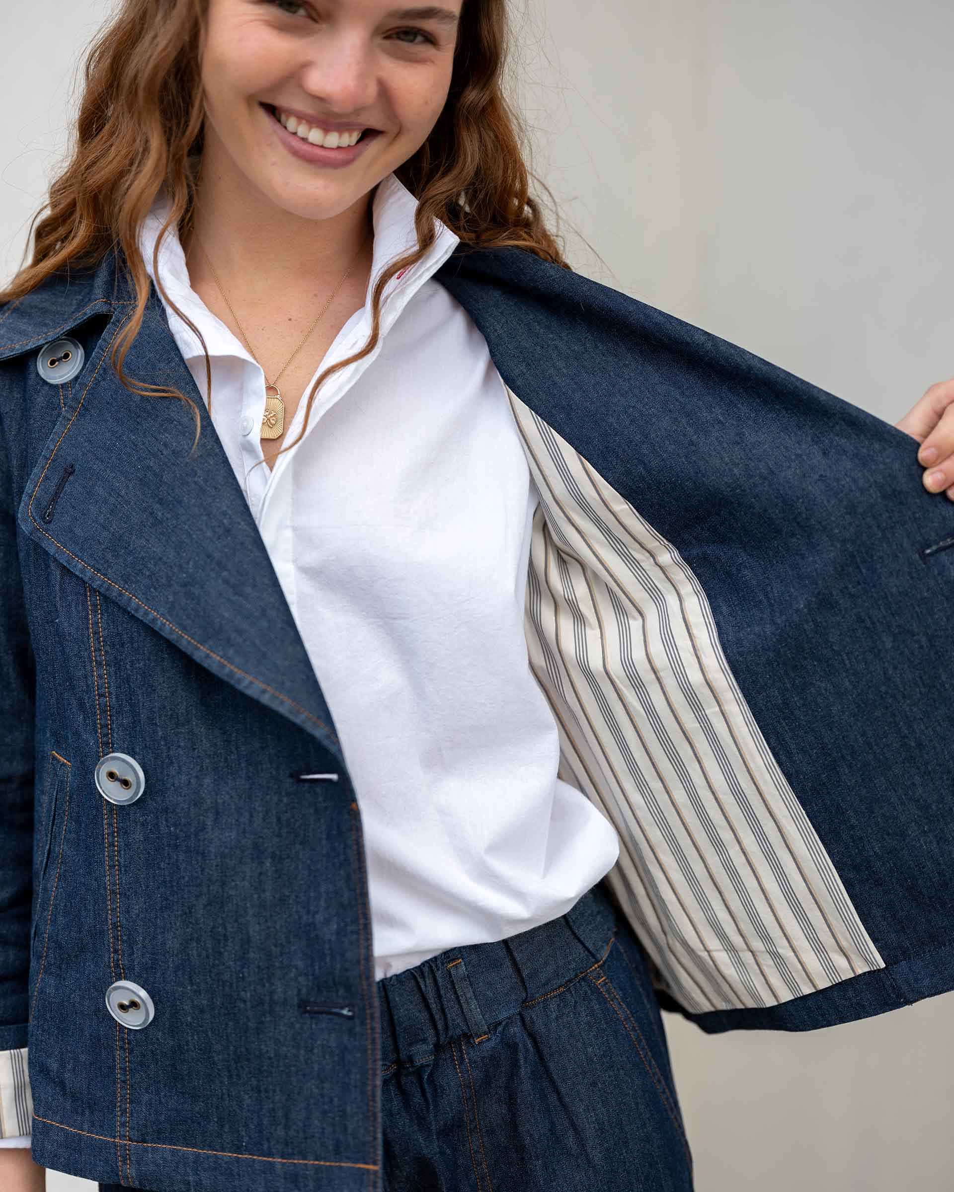 Women's Dark Wash Chambray Peacoat With Striped Lining