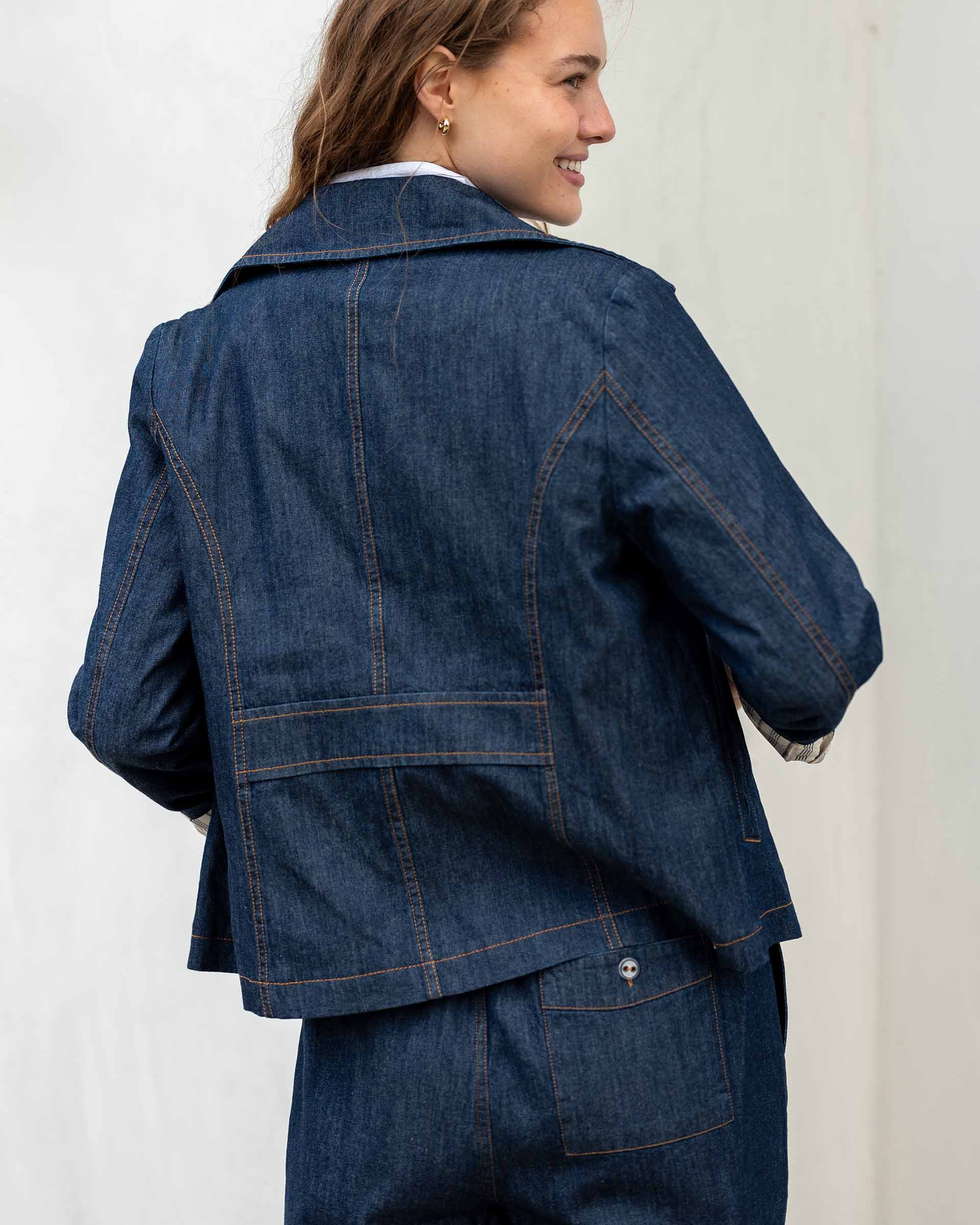 Women's Dark Wash Chambray Peacoat With Striped Lining