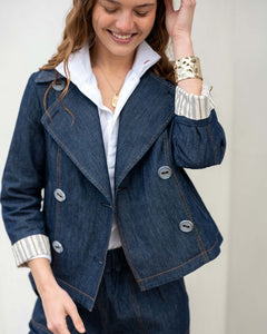 Women's Dark Wash Chambray Peacoat With Striped Lining