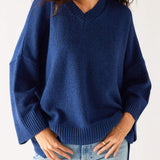 Women's Dark Blue Midweight Loose Fitting V-neck Sweater Front View Hands in Pockets