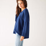 Women's Dark Blue Midweight Loose Fitting V-neck Sweater Side View