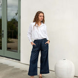 Women's Dark Wash Wide Leg Chambray Patch Pocket Pant