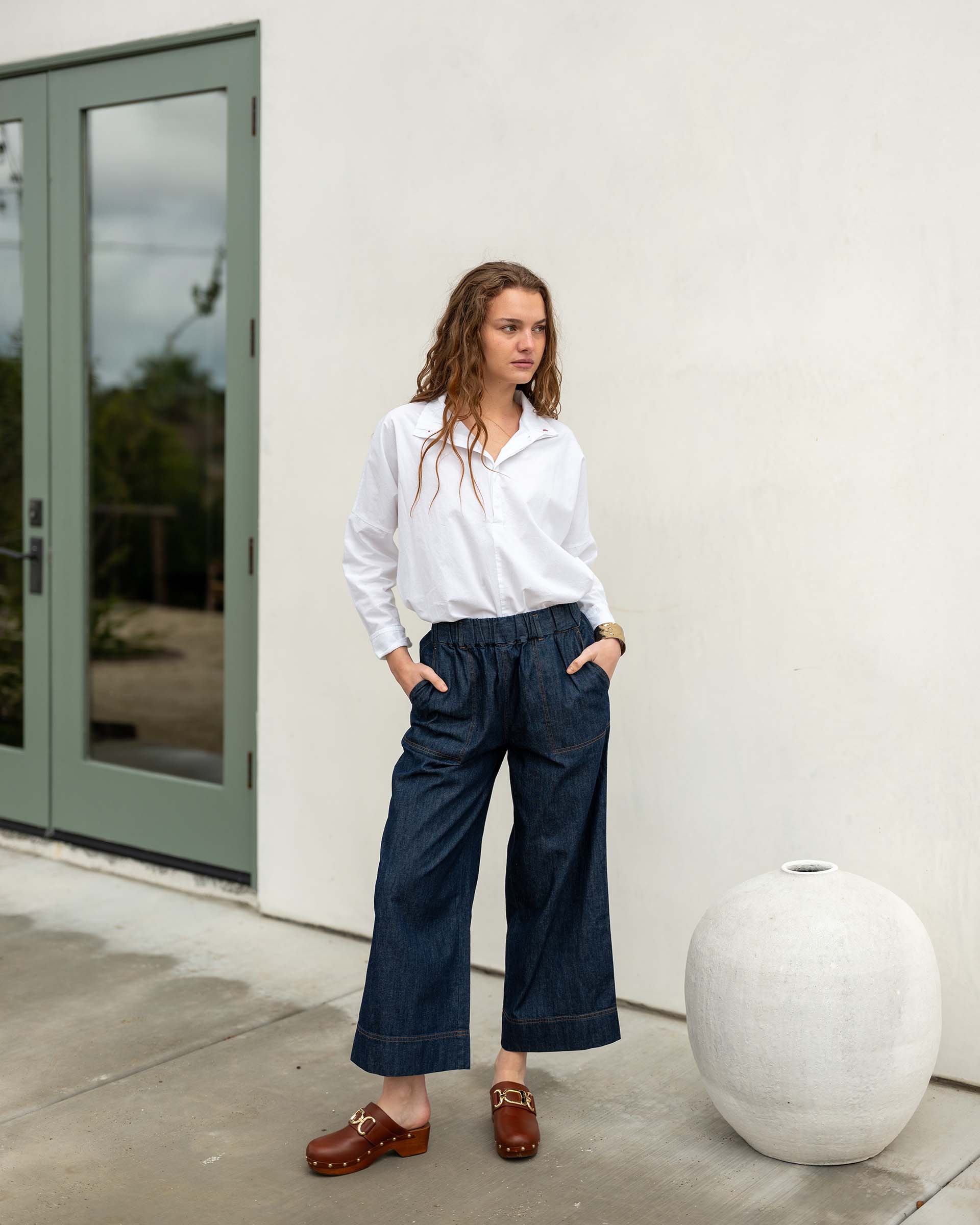 Women's Dark Wash Wide Leg Chambray Patch Pocket Pant