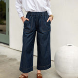 Women's Dark Wash Wide Leg Chambray Patch Pocket Pant