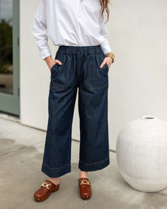 Women's Dark Wash Wide Leg Chambray Patch Pocket Pant