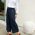 Women's Dark Wash Wide Leg Chambray Patch Pocket Pant