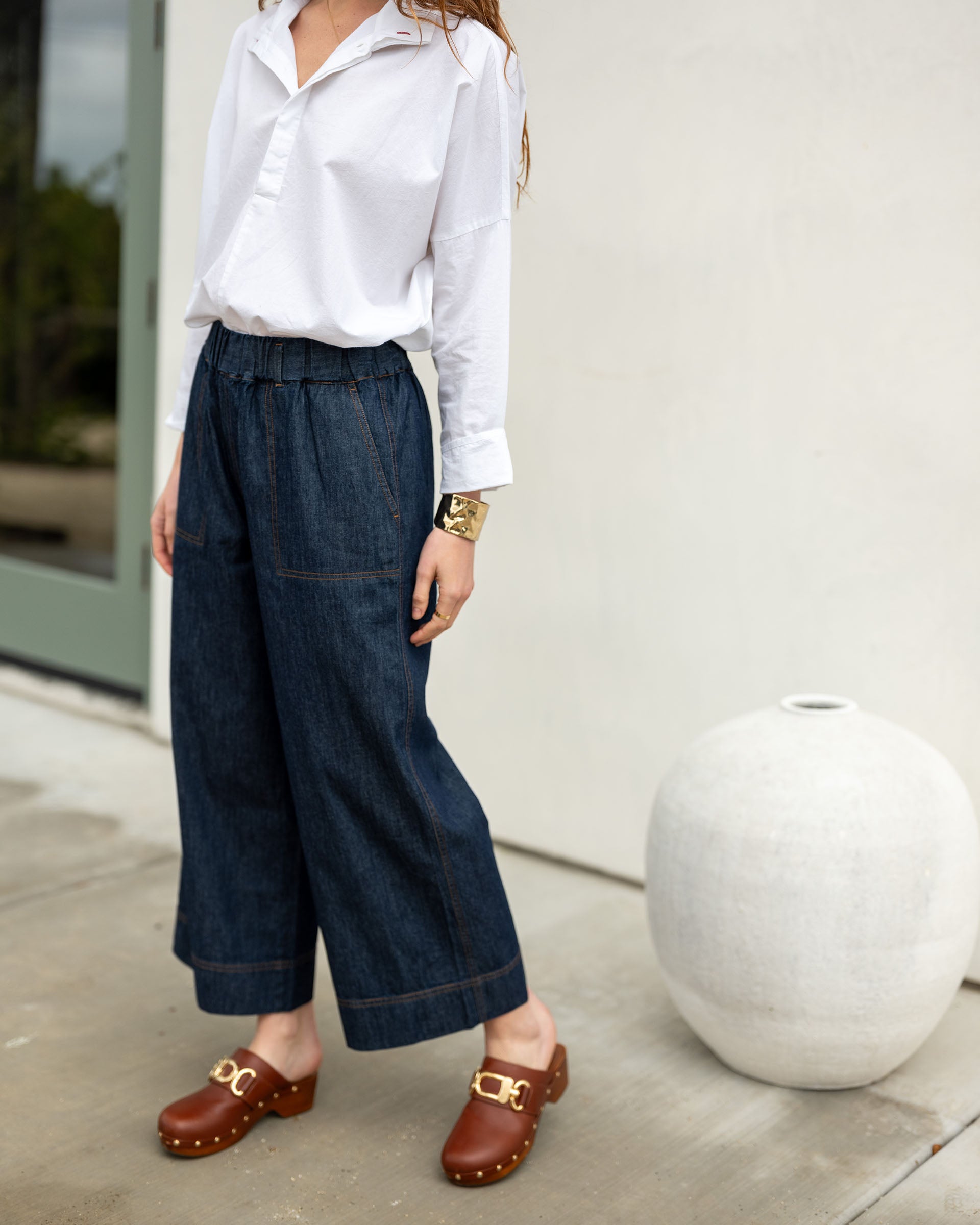 Women's Dark Wash Wide Leg Chambray Patch Pocket Pant