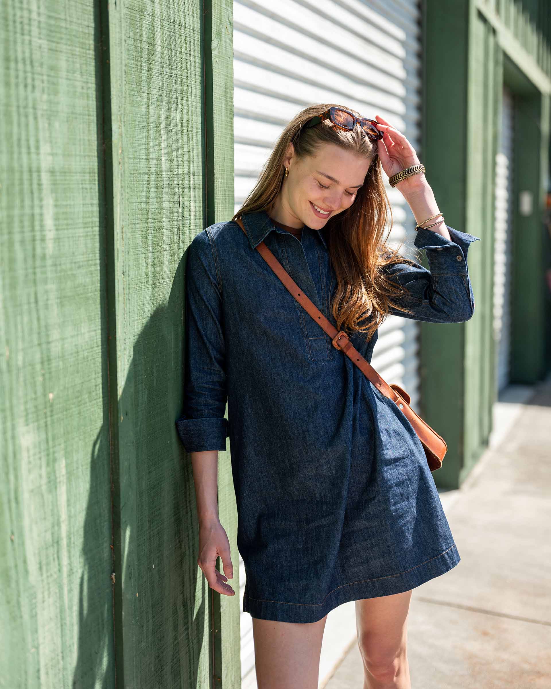 Women's Dark Wash Chambray Long Sleeve Dress