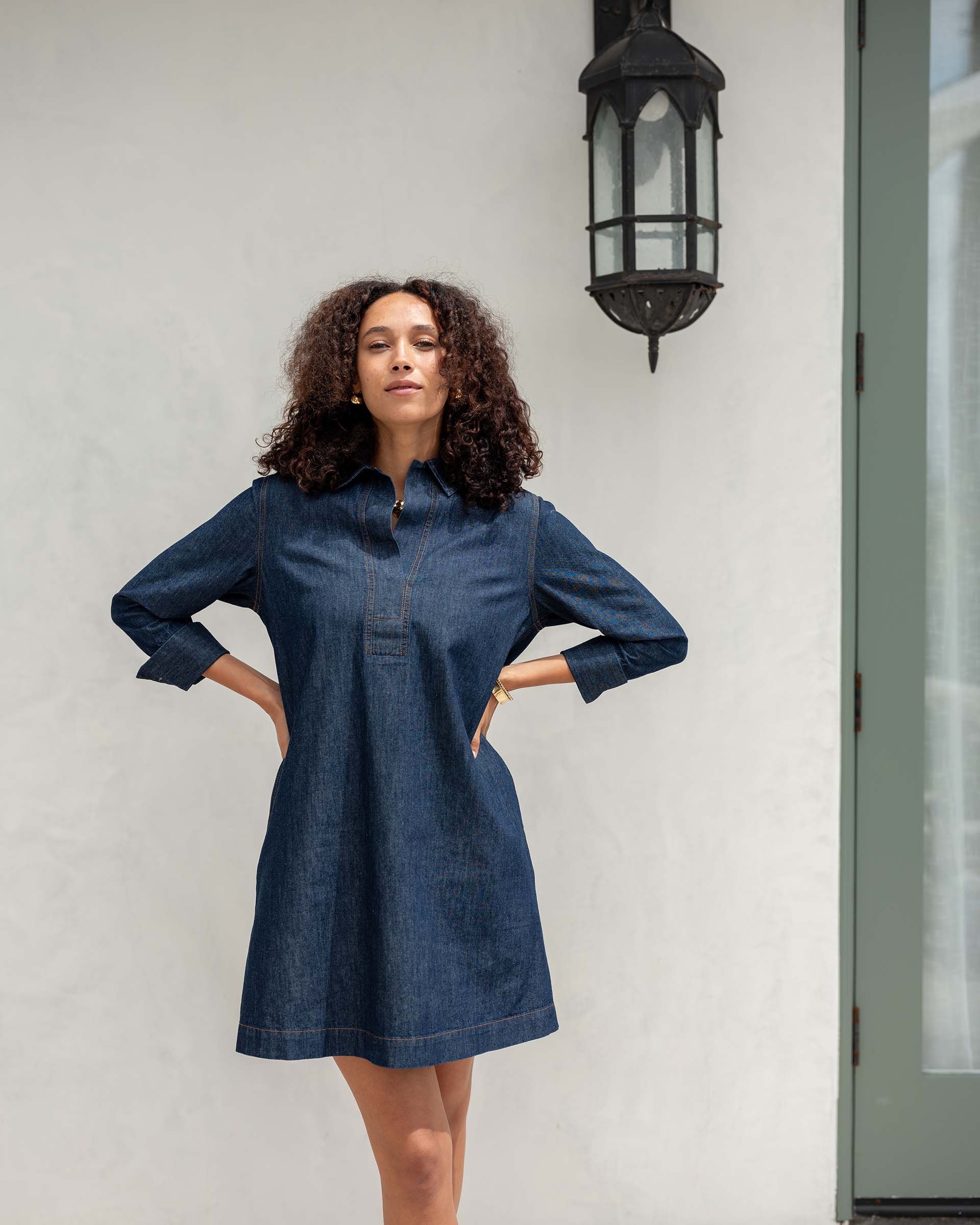 Women's Dark Wash Chambray Long Sleeve Dress