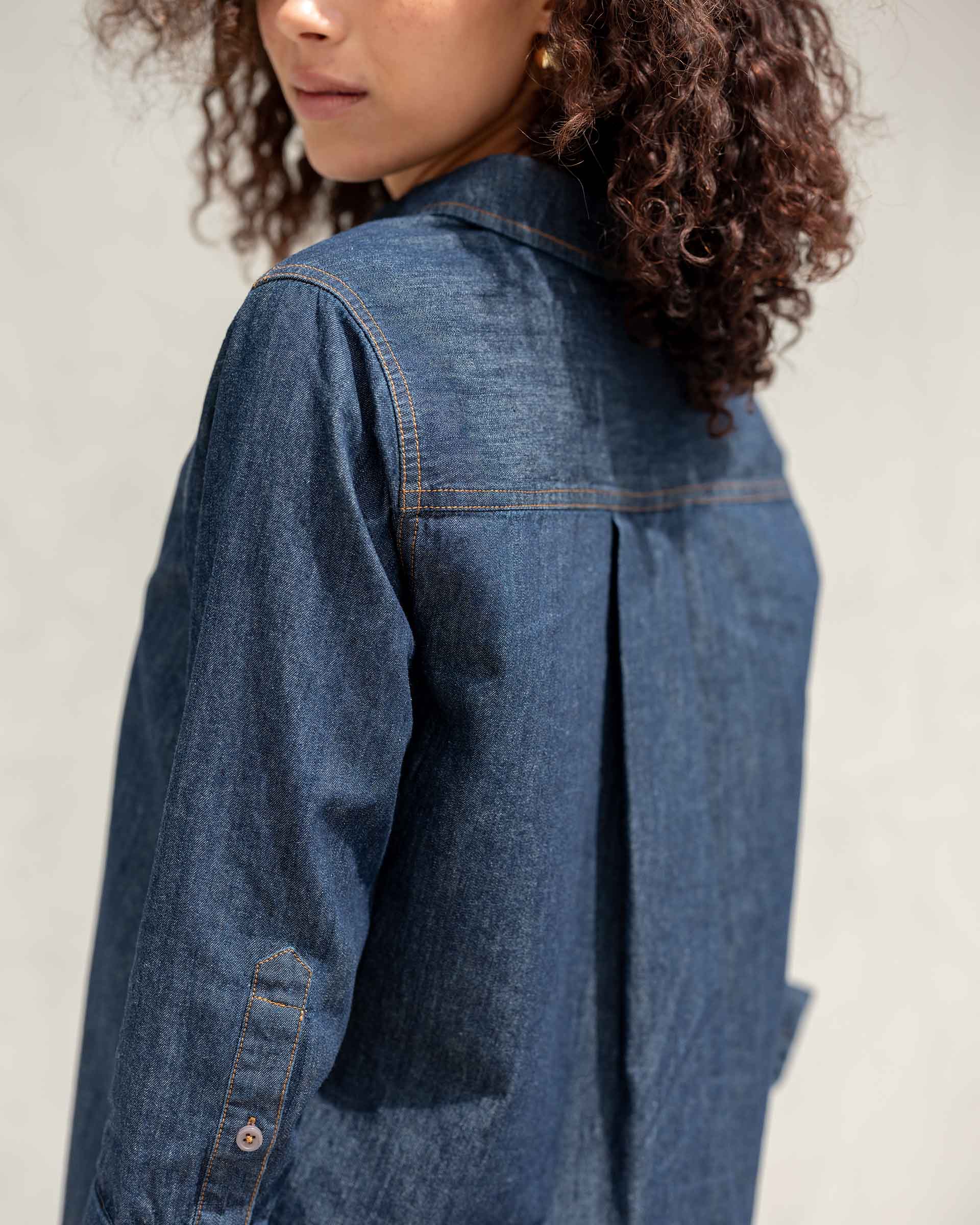 Women's Dark Wash Chambray Long Sleeve Dress