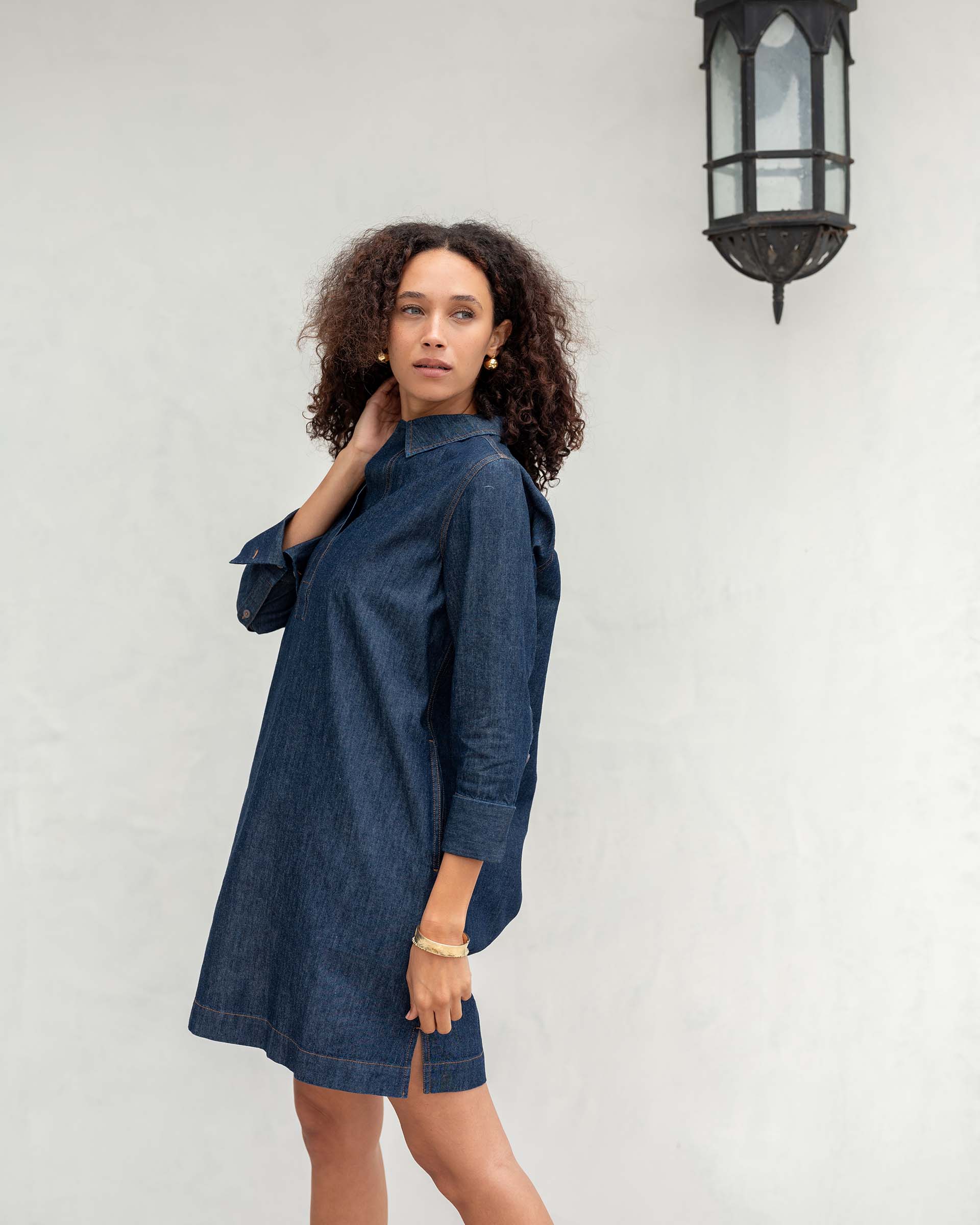 Women's Dark Wash Chambray Long Sleeve Dress