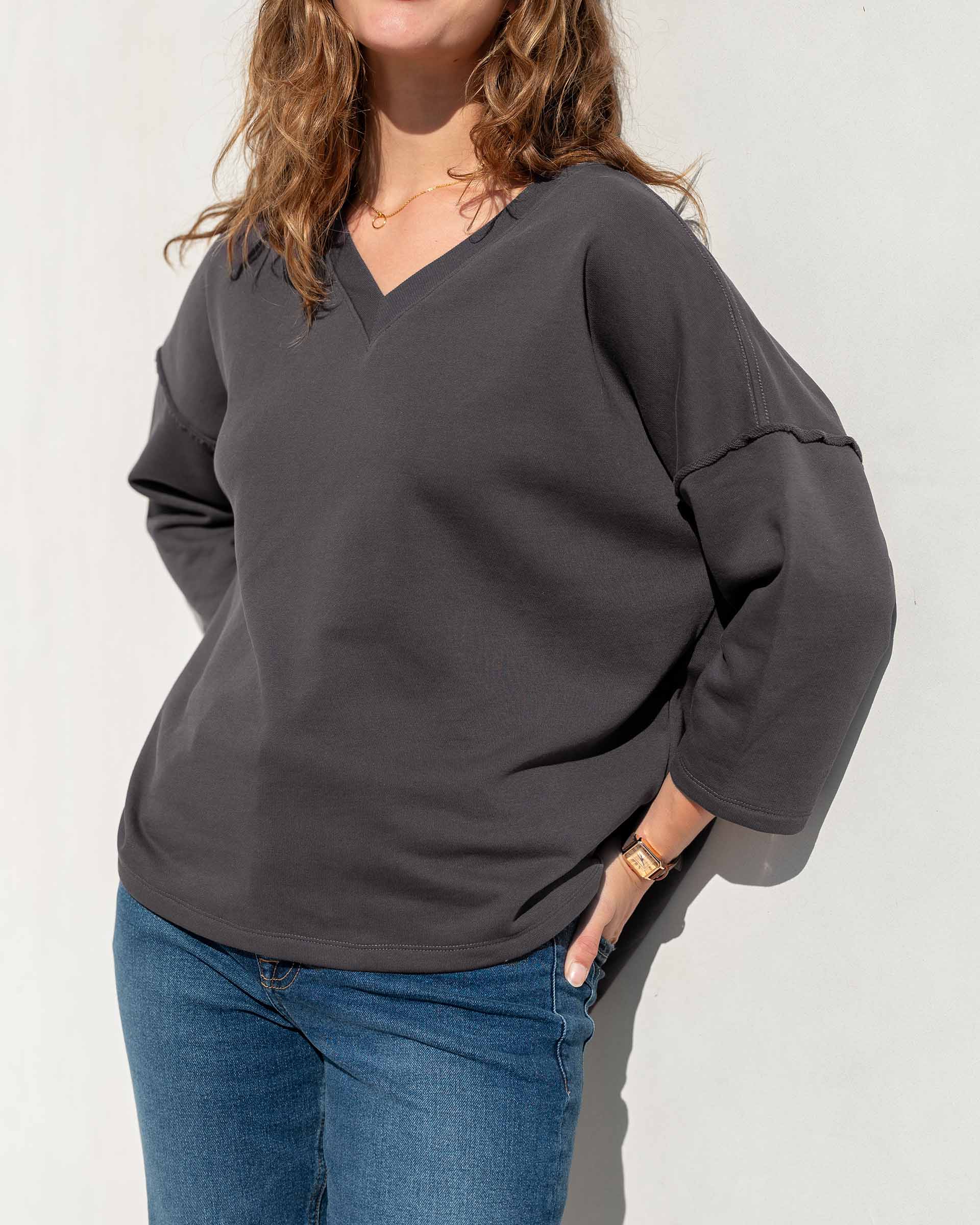 Women's Dark Grey French Terry V-Neck Sweatshirt