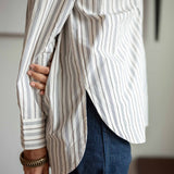 Women's Ecru Striped Button Up Long Sleeve Top Oversized