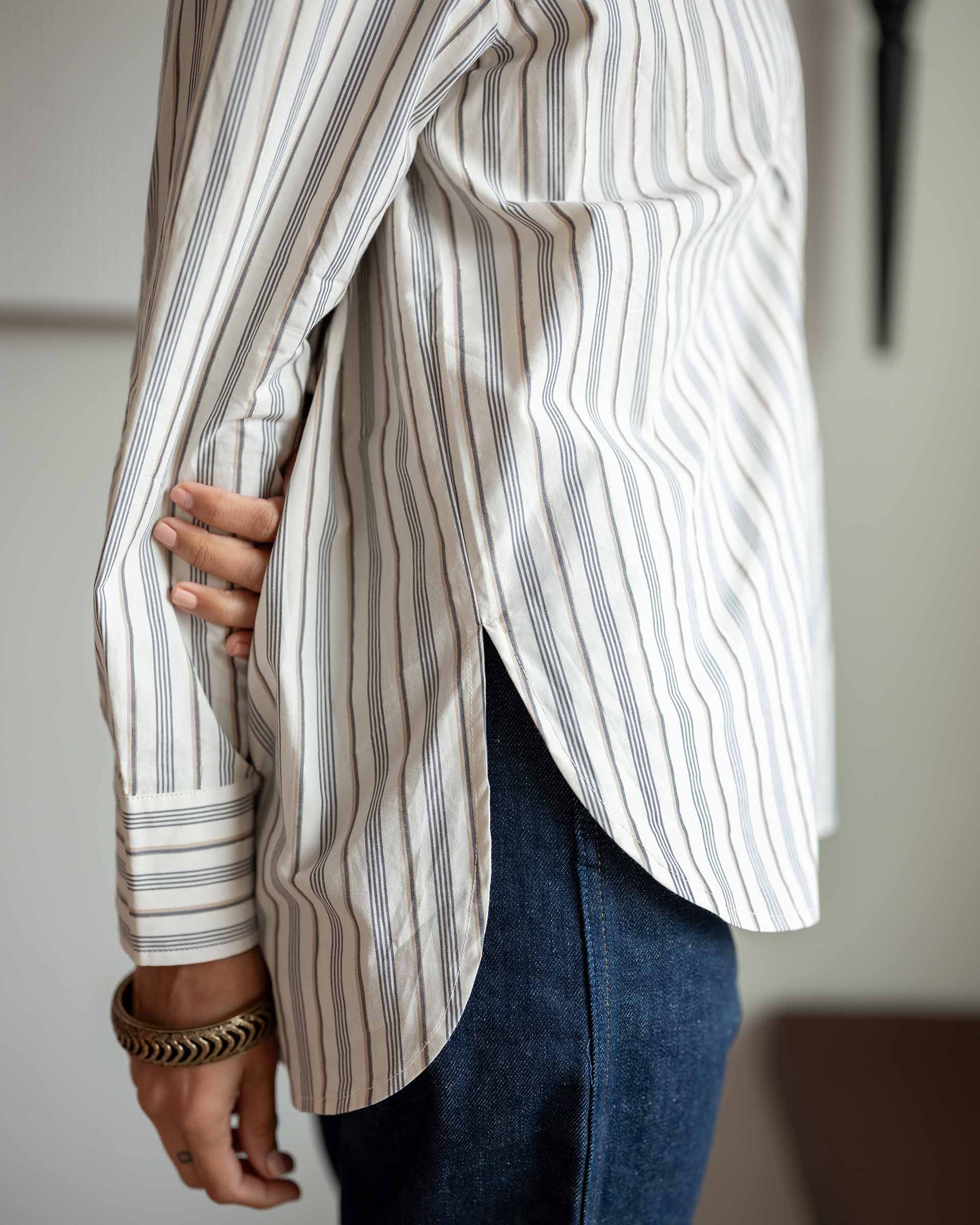 Women's Ecru Striped Button Up Long Sleeve Top Oversized