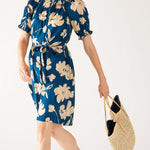 Women's Floral Navy Blue Ruffled Shoulder Midi Dress Front View Walking