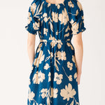 Women's Floral Navy Blue Ruffled Shoulder Midi Dress Rear View