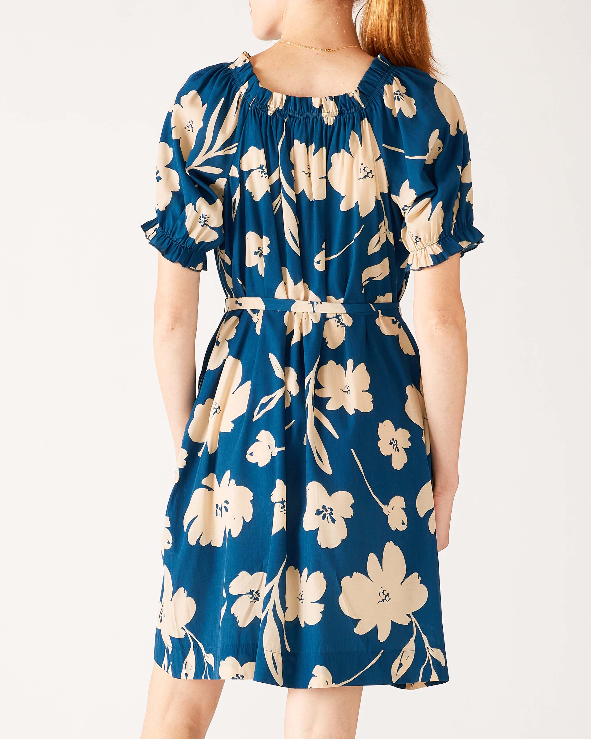 Women's Floral Navy Blue Ruffled Shoulder Midi Dress Rear View
