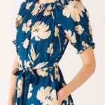 Women's Floral Navy Blue Ruffled Shoulder Midi Dress Side View Bow Waist and Pocket Detail