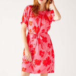 Women's Floral Pink Ruffled Shoulder Midi Dress Front View