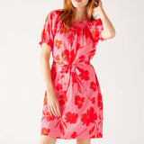 Women's Floral Pink Ruffled Shoulder Midi Dress Front View