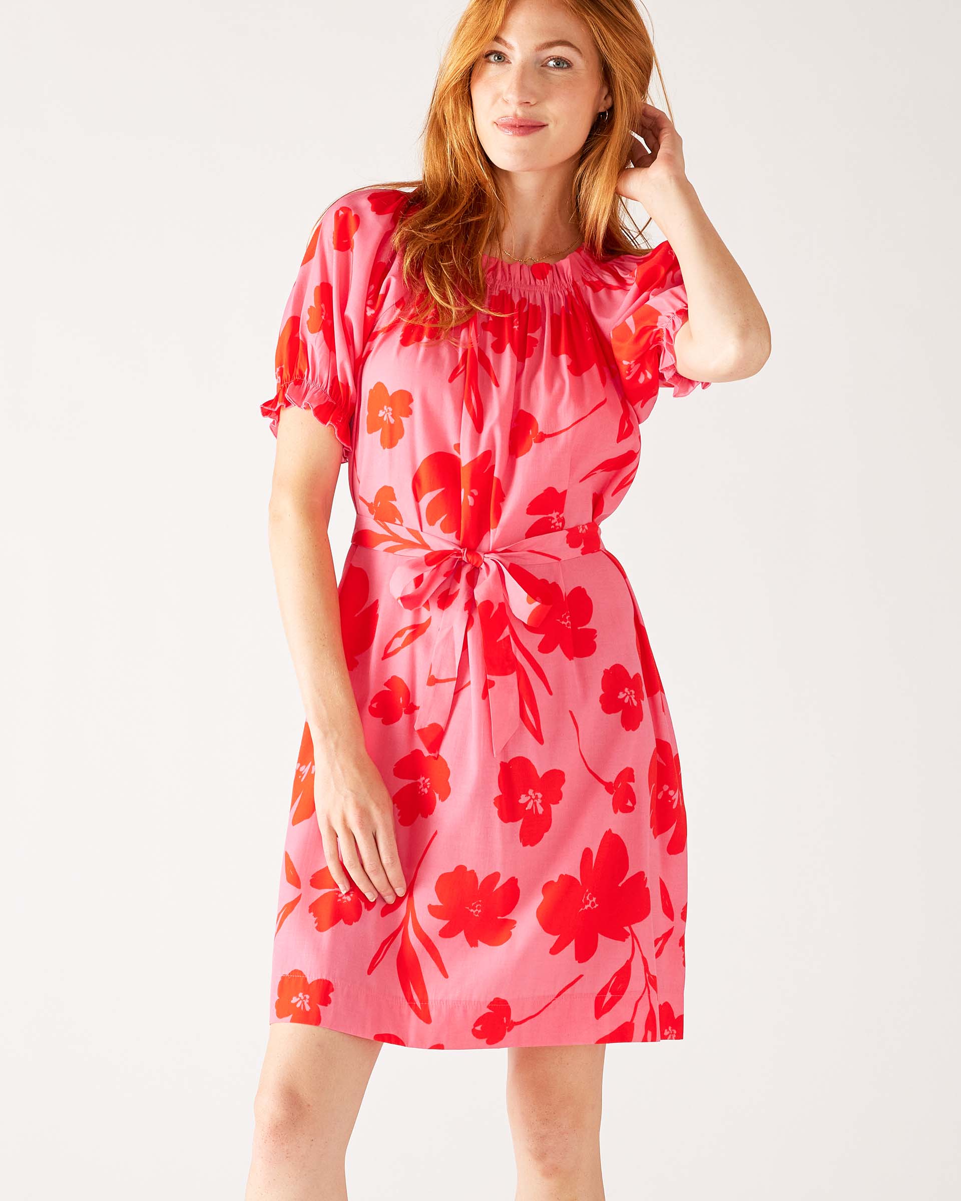 Women's Floral Pink Ruffled Shoulder Midi Dress Front View