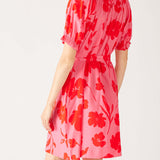 Women's Floral Pink Ruffled Shoulder Midi Dress Rear View