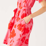 Women's Floral Pink Ruffled Shoulder Midi Dress Side View Close-up Pocket Detail