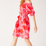 Women's Floral Pink Ruffled Shoulder Midi Dress Side View Walking