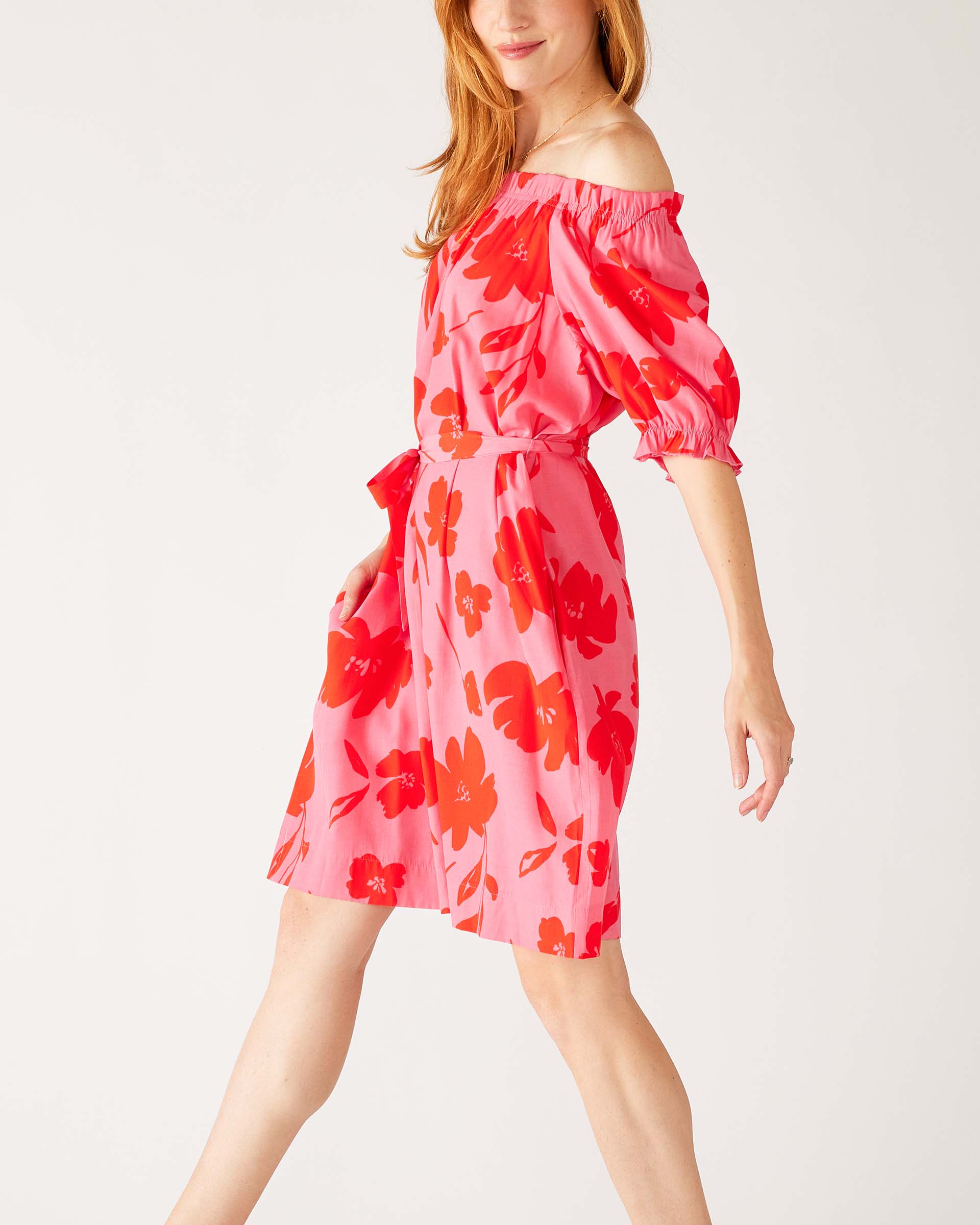 Women's Floral Pink Ruffled Shoulder Midi Dress Side View Walking