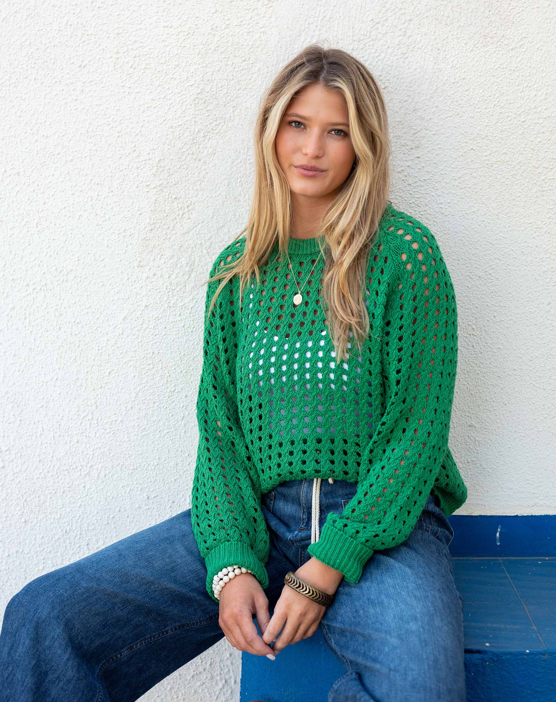 Women's Green Breezy Crochet Crewneck