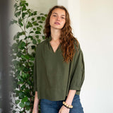 Women's Green Quarter Sleeve V-Neck Top