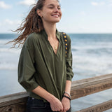 Women's Green Quarter Sleeve V-Neck Top