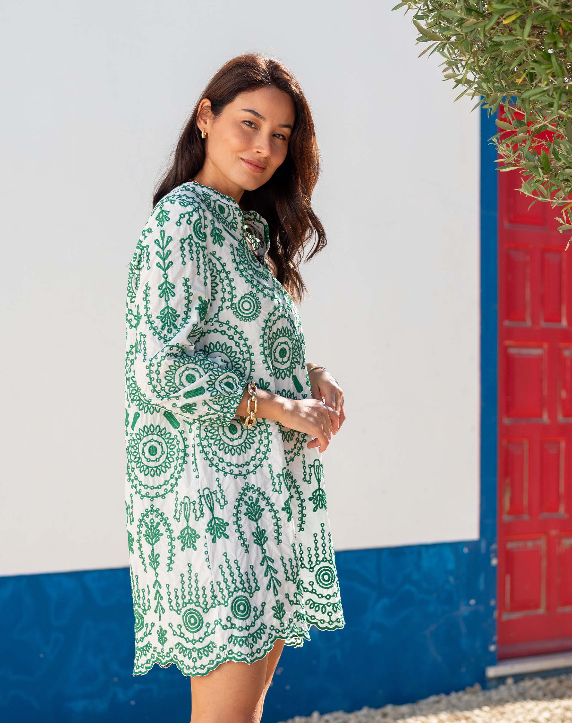 Women's Green Embroidered Mini Coverup Dress