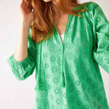 Women's Lightweight Green Eyelet Coverup Dress Chest View Vneck Detail